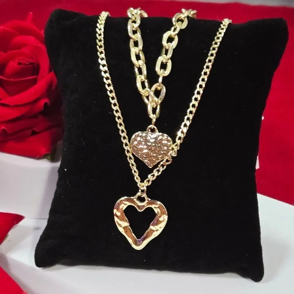 Gold Heart Pendant Necklace Set 2pc Layered Stack Paperclip & Cuban Curb Chain